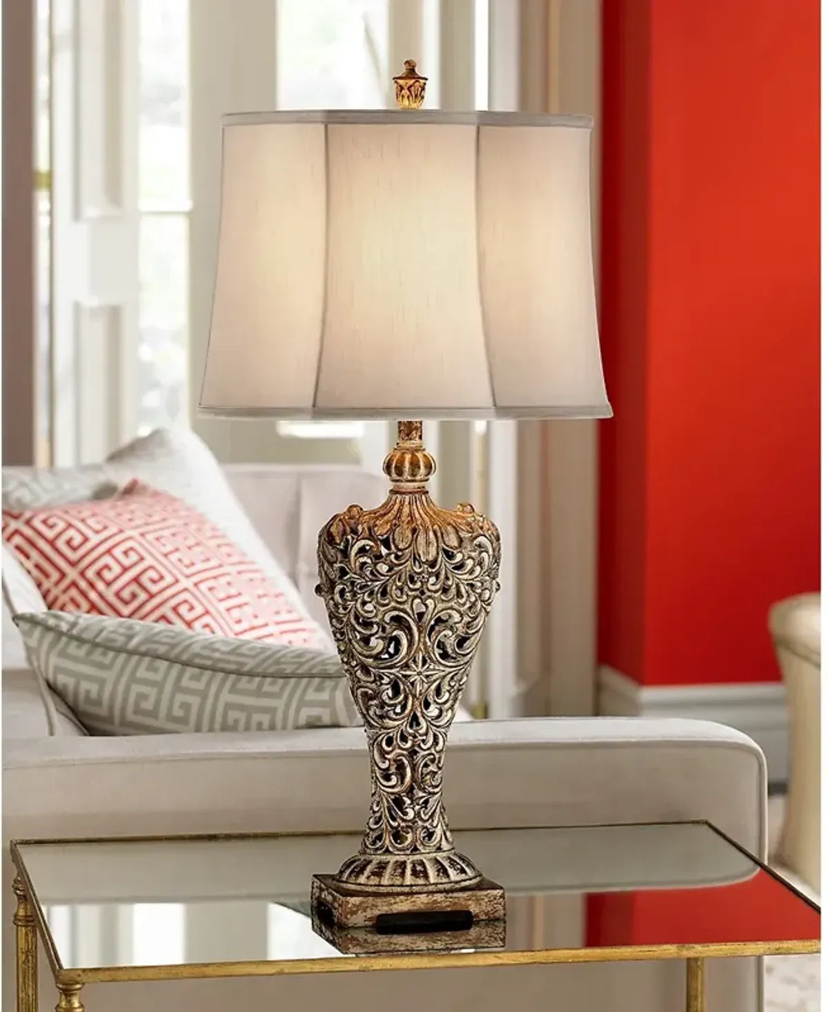 Regency Hill Elle 33" Carved Antique Gold Classic Scroll Table Lamp