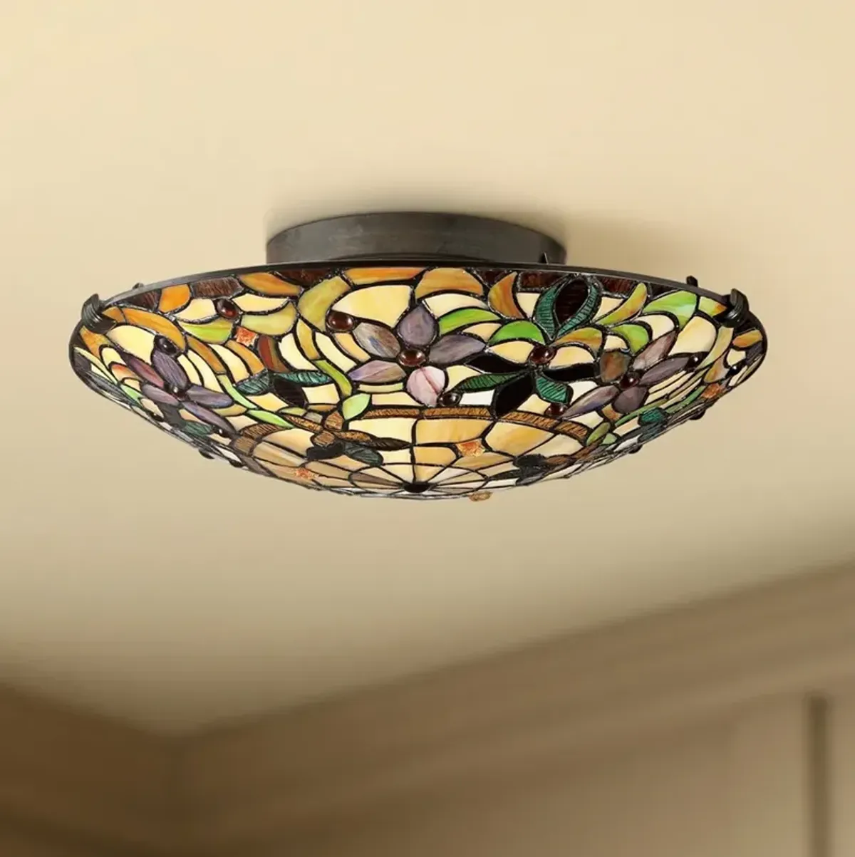 Quoizel Kami 17" Wide Vintage Bronze Tiffany Style Glass Ceiling Light