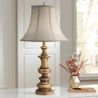Stiffel Ivory Shadow Shade 31" High Antique Brass Table Lamp