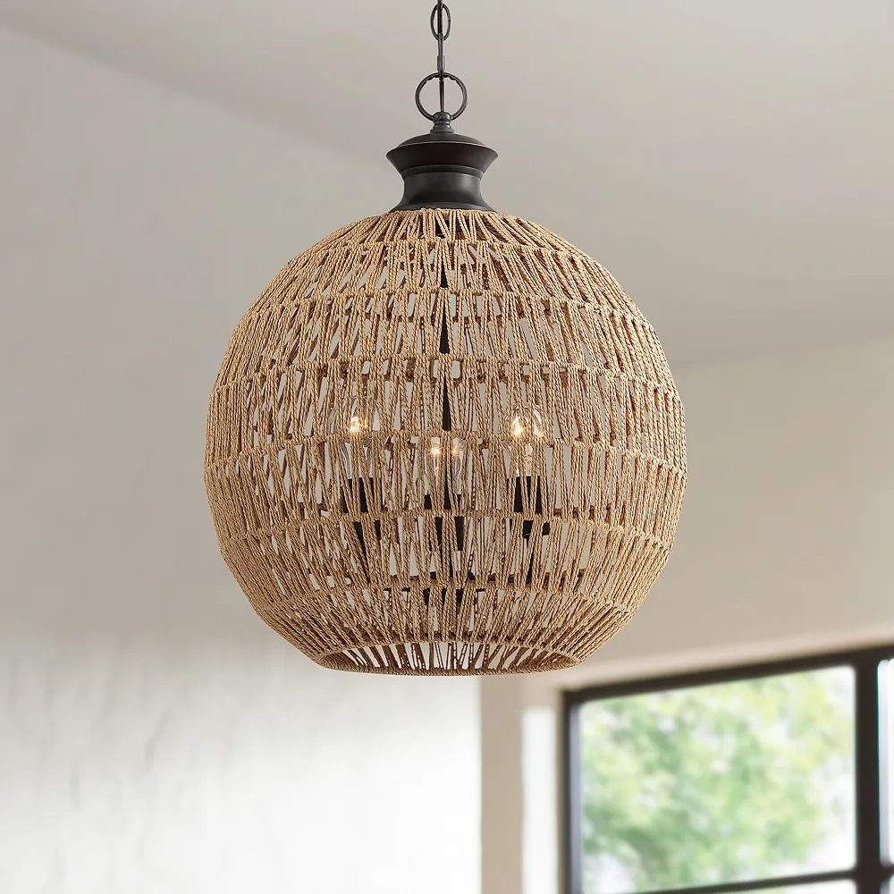 Casablanca 18 1/4" Wide Bronze Natural Rope 3-Light Pendant