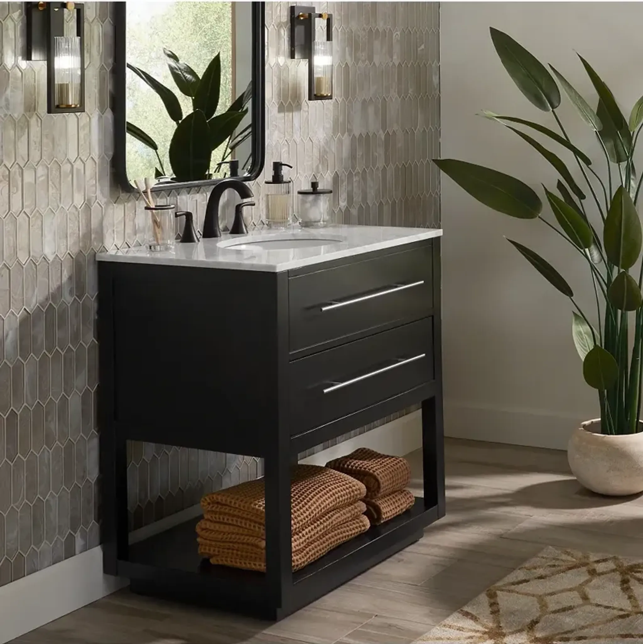 Marcello 32" Wide Black and White Marble 1-Drawer Single Sink Vanity ...