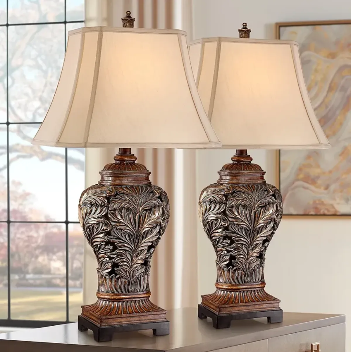 Barnes and Ivy Oak 32 1/2" Leafwork Traditional Table Lamps Set of 2