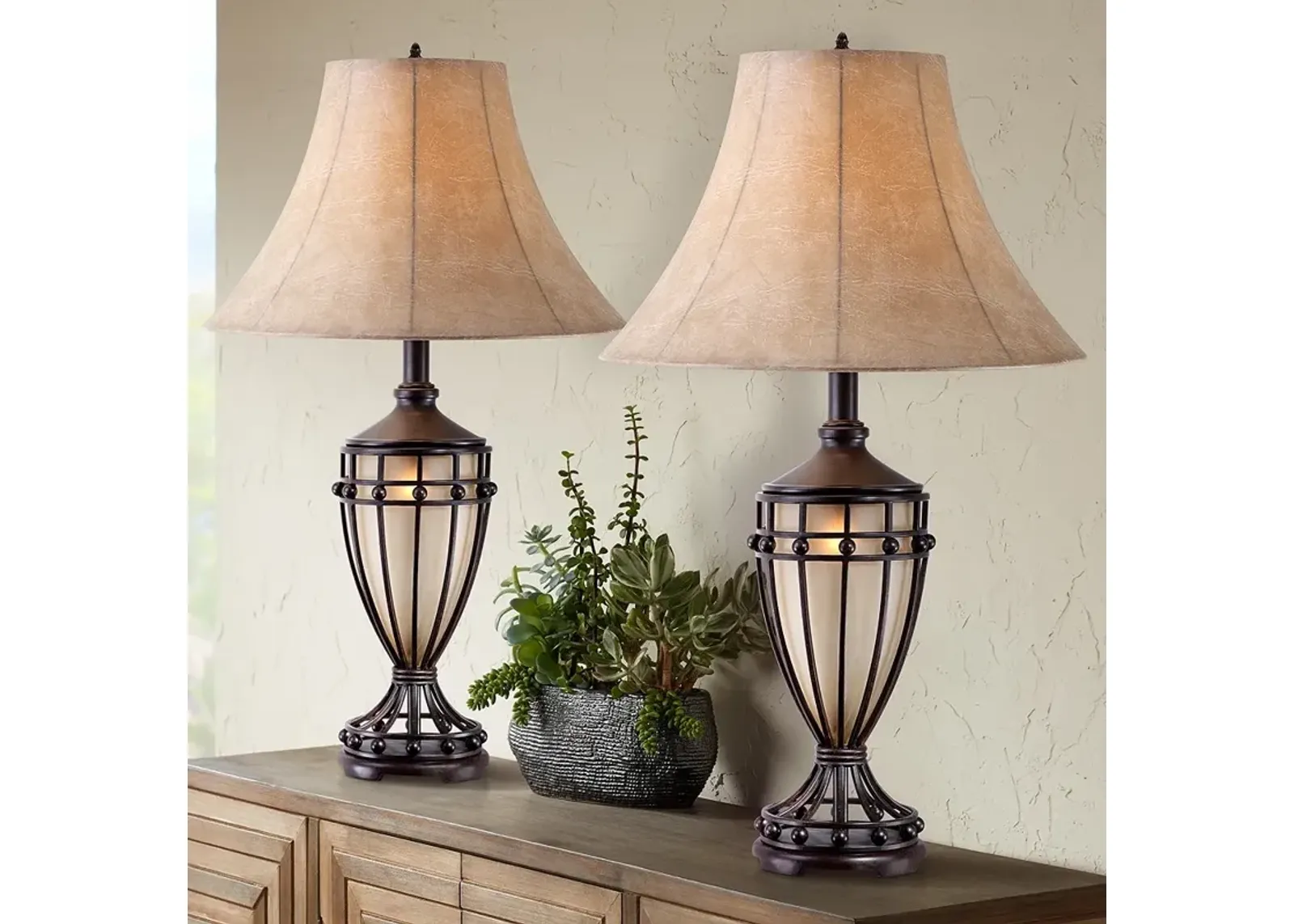 Franklin Iron Works Cardiff 33" Night Light Urn Table Lamps Set of 2