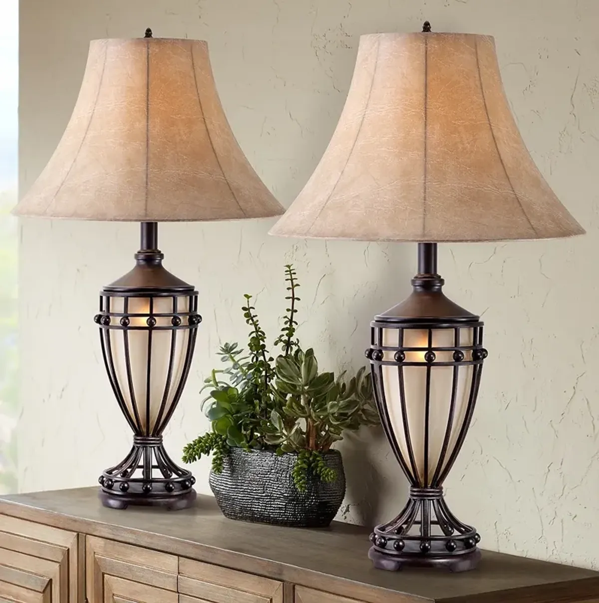 Franklin Iron Works Cardiff 33" Night Light Urn Table Lamps Set of 2