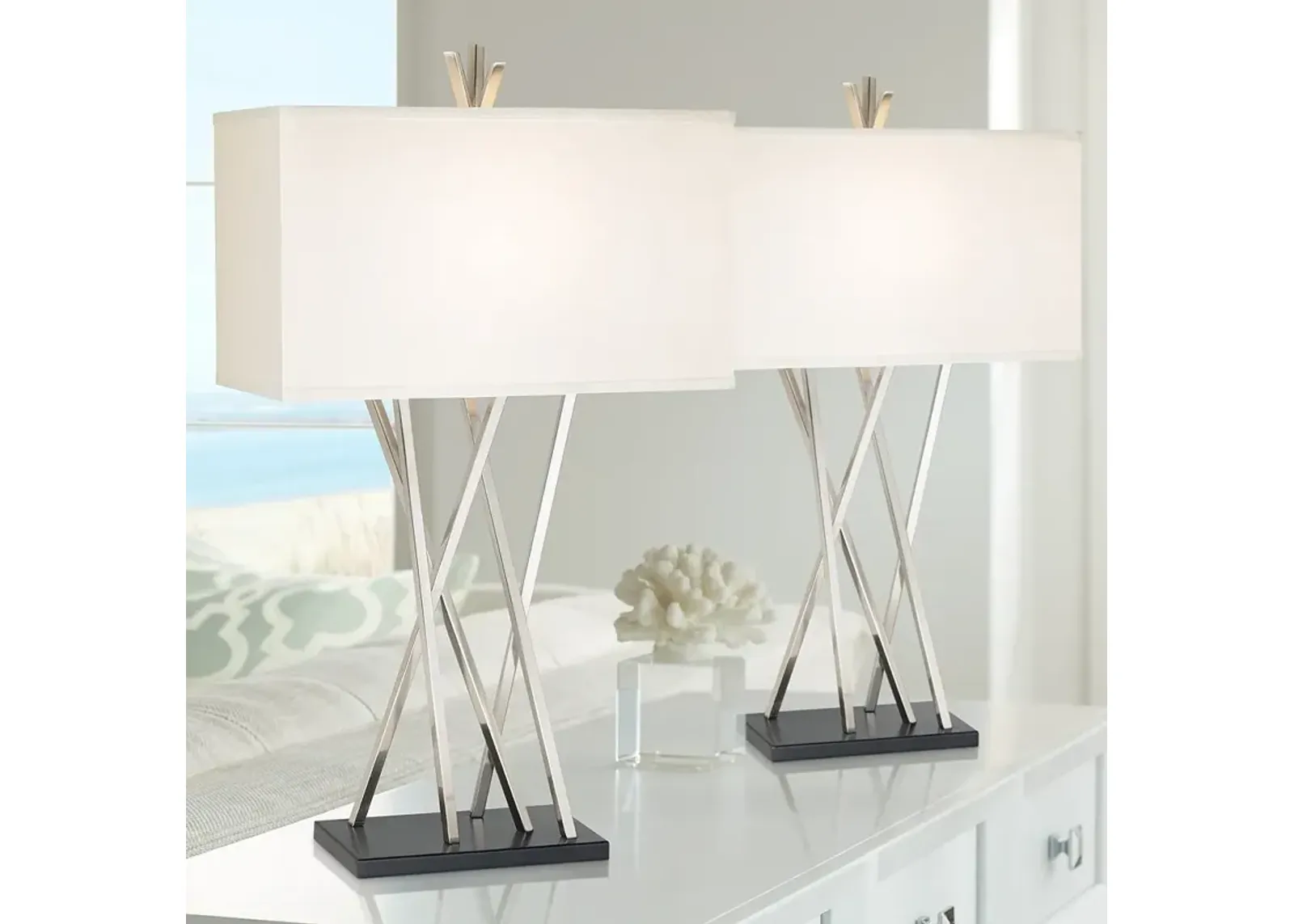 Possini Euro Asymmetry Brushed Steel Table Lamp Set of 2