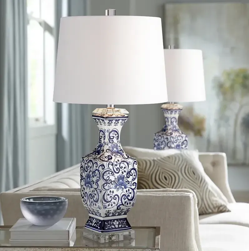 Barnes and Ivy Iris 28" Blue and White Porcelain Table Lamps Set of 2