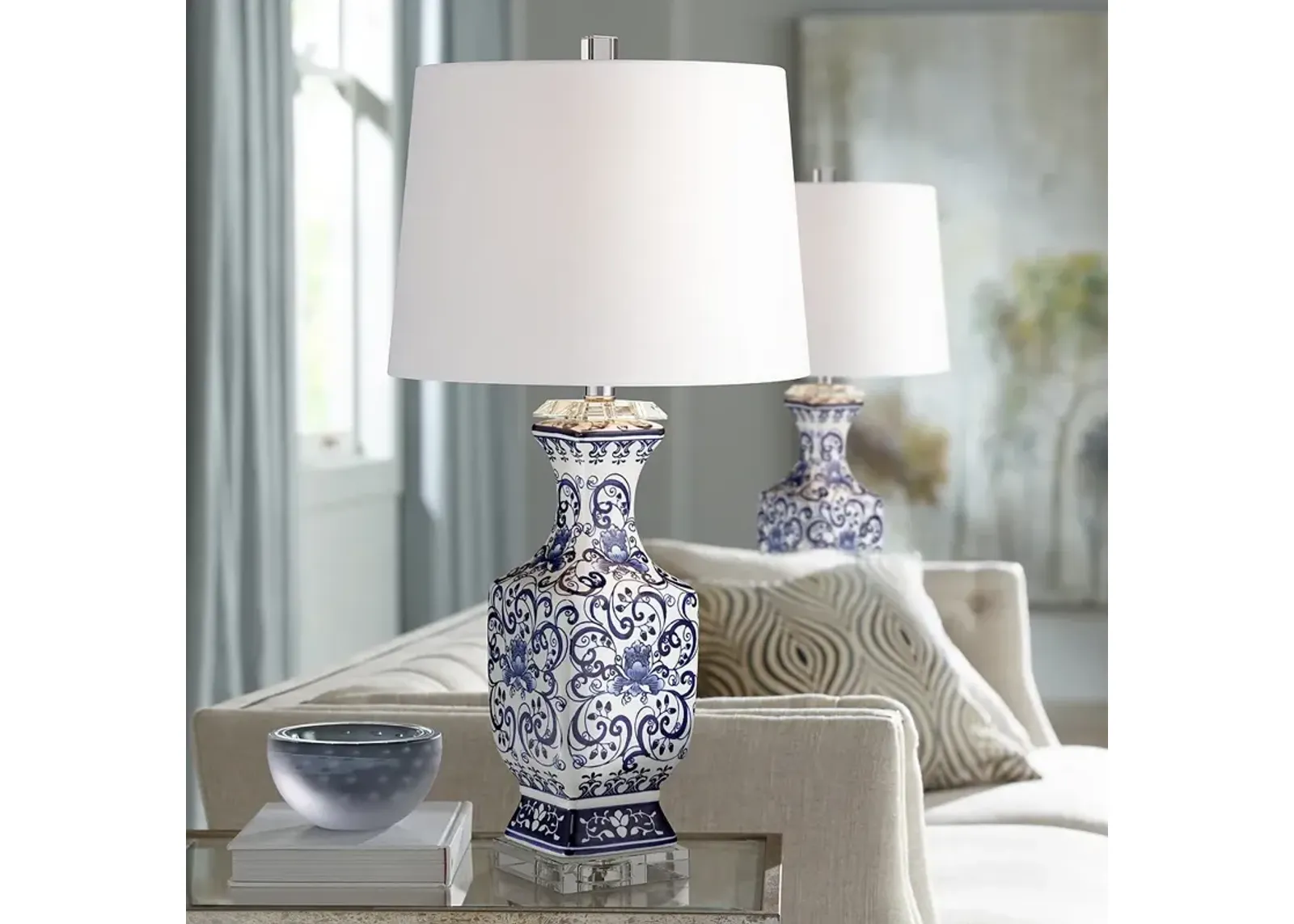 Barnes and Ivy Iris 28" Blue and White Porcelain Table Lamps Set of 2