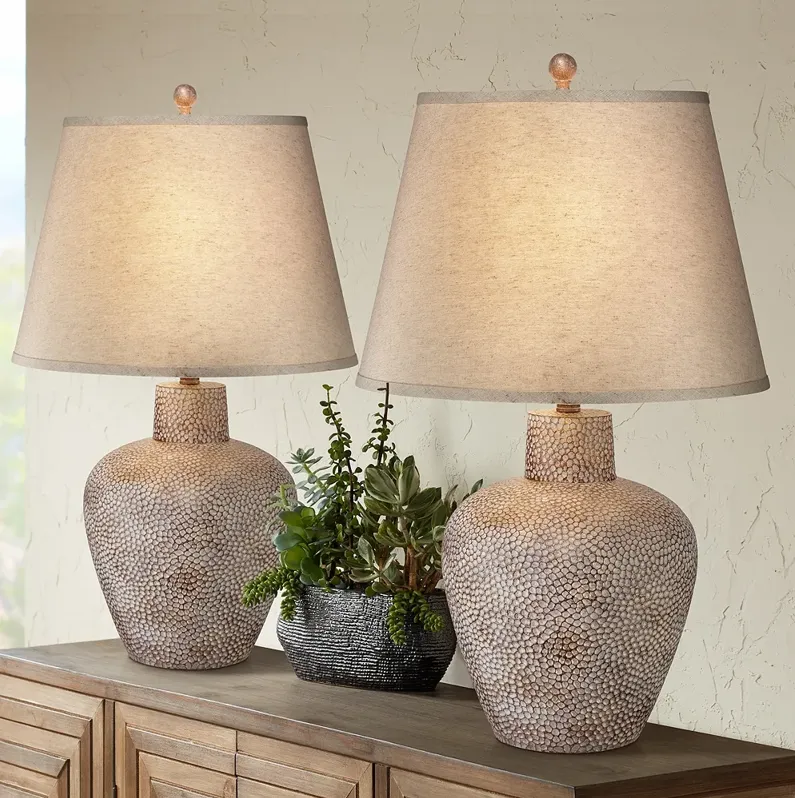 Franklin Iron Works Bentley Brown Leaf Hammered Pot Table Lamps Set of 2