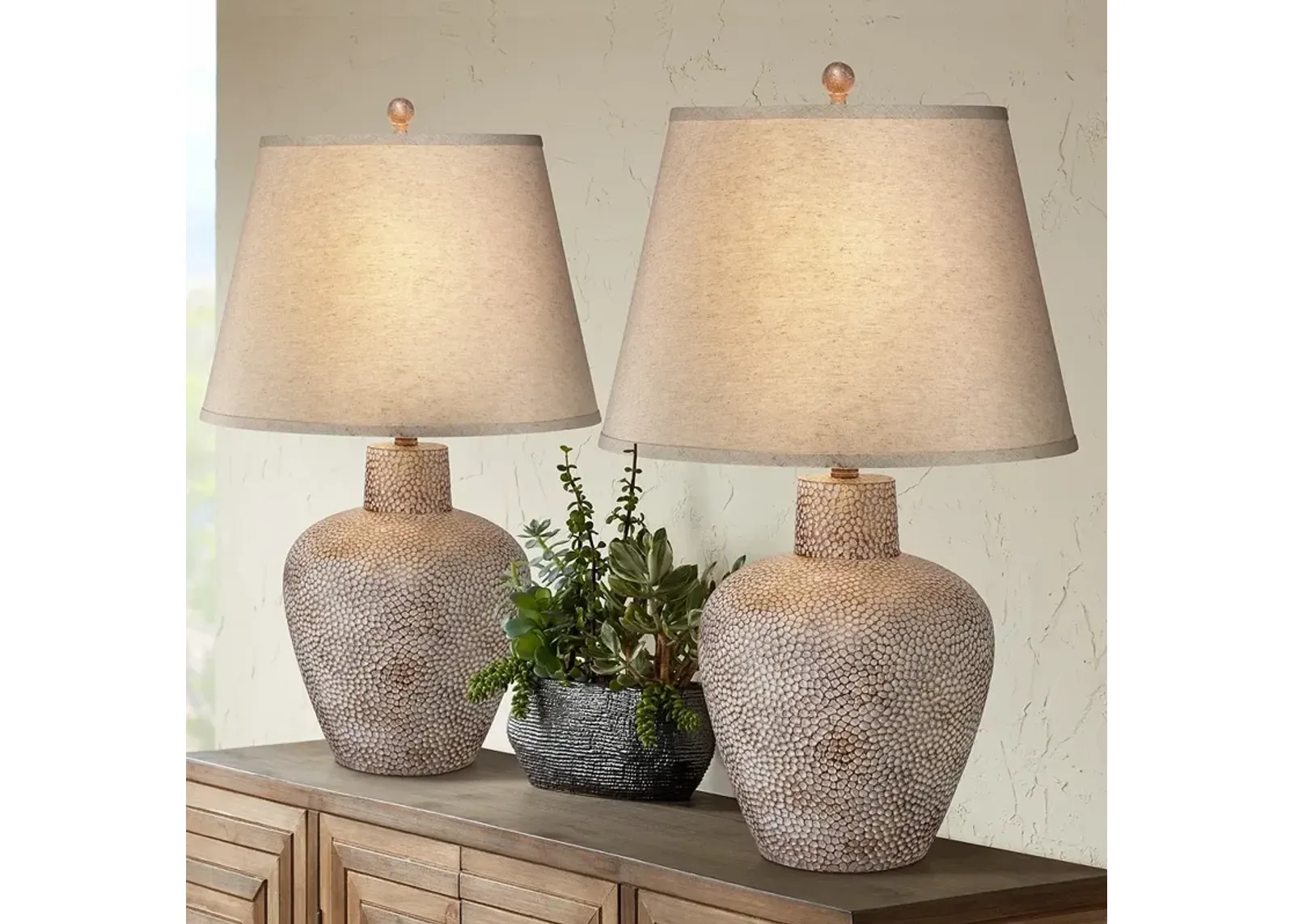 Franklin Iron Works Bentley Brown Leaf Hammered Pot Table Lamps Set of 2