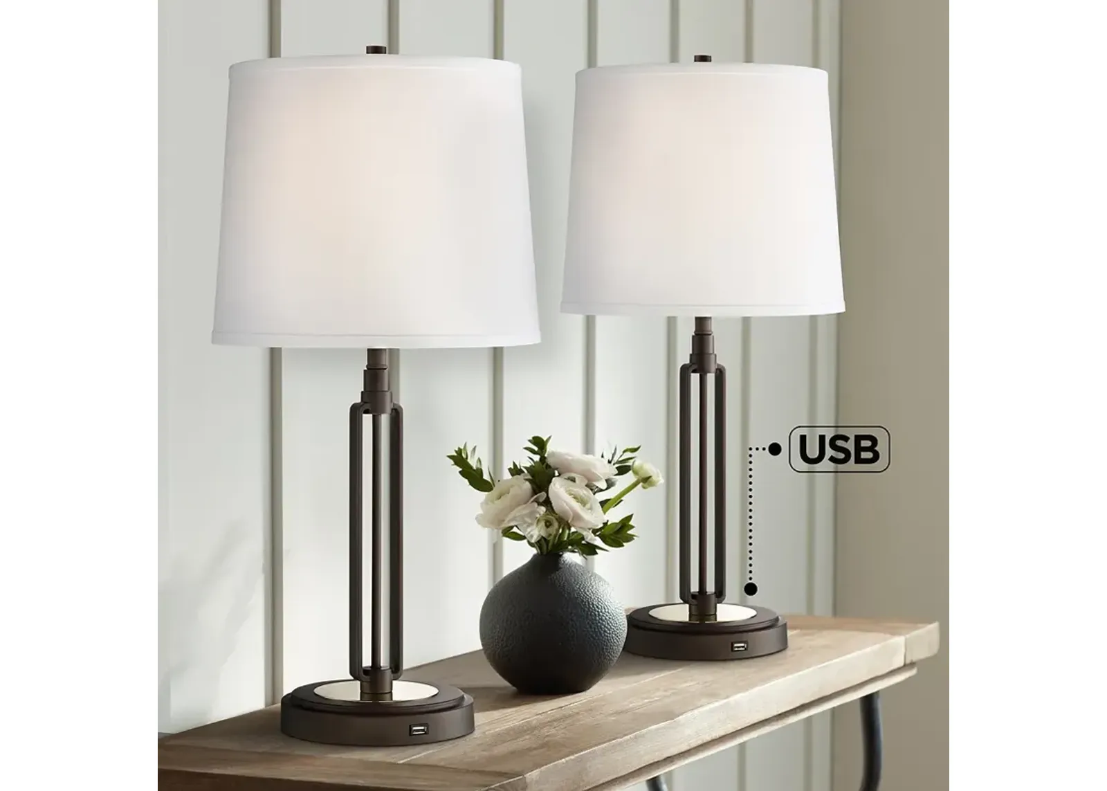 Franklin Iron Works Javier 24 1/2" Bronze USB Table Lamps Set of 2