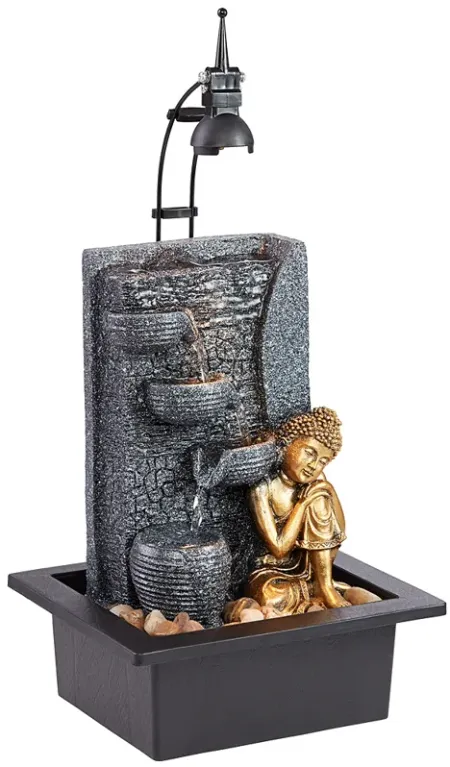 Kneeling Gold Buddha 17" High Indoor-Outdoor LED Table Fountain