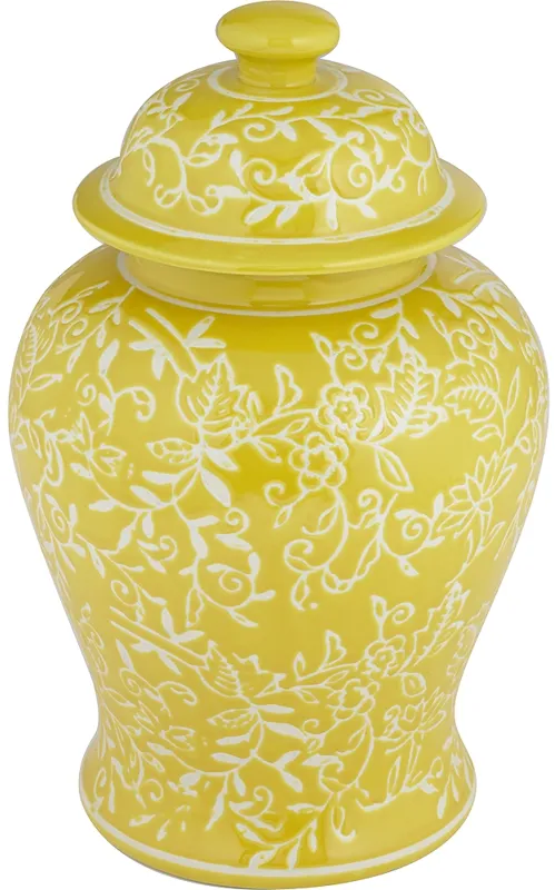 Floral Yellow and White 13" High Decorative Jar with Lid