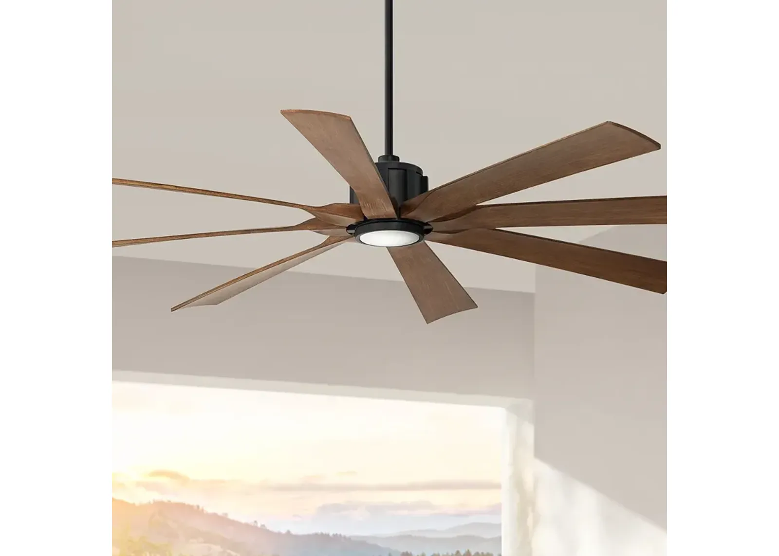 70" Possini Defender Matte Black Koa Damp LED Ceiling Fan with Remote