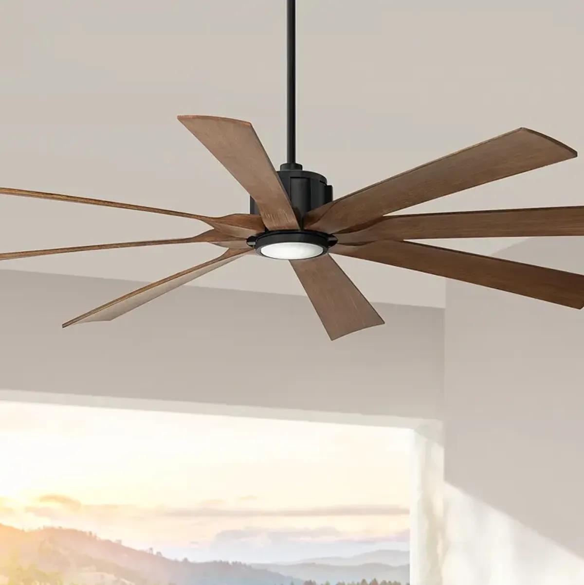 70" Possini Defender Matte Black Koa Damp LED Ceiling Fan with Remote