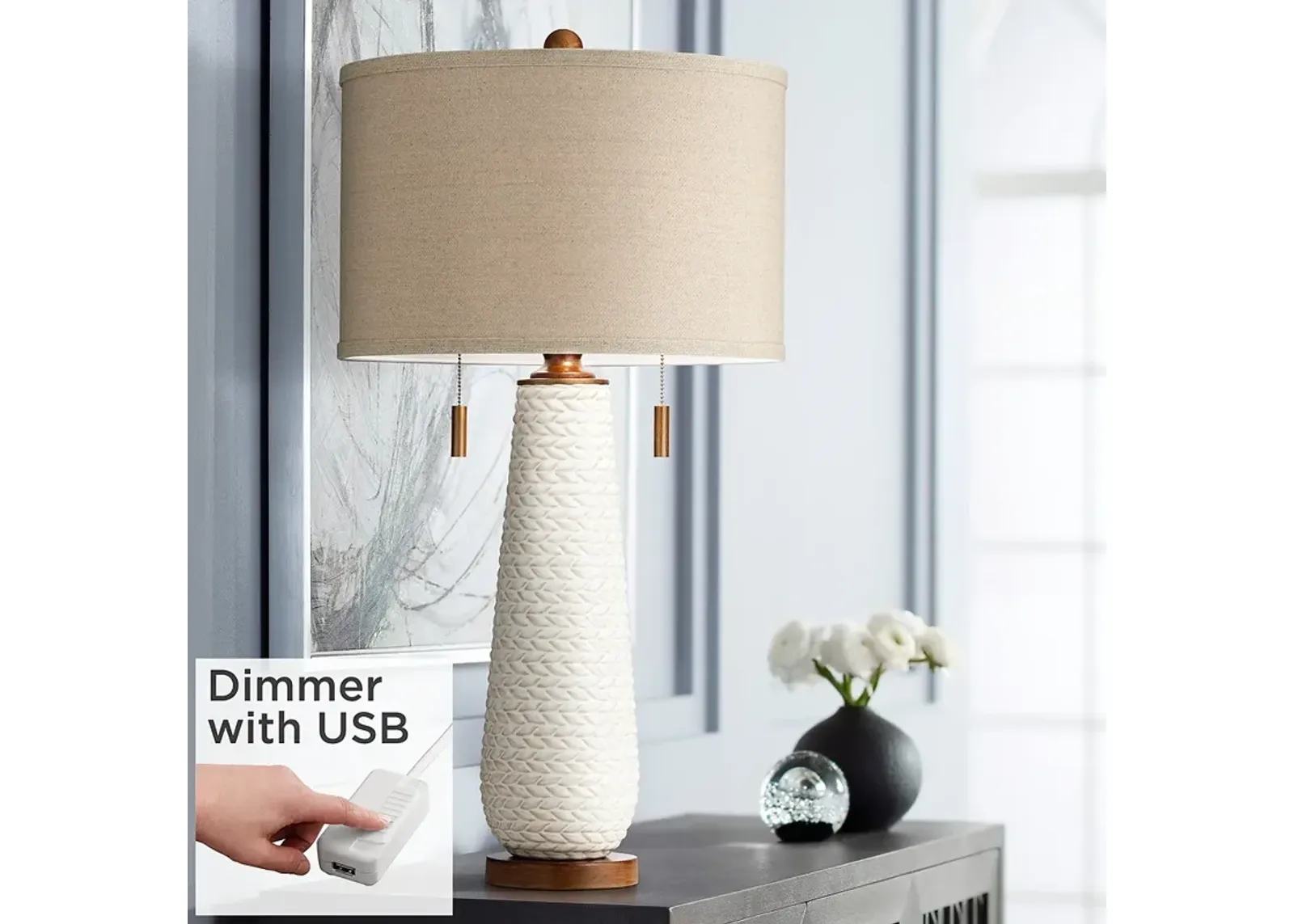 Kingston White Ceramic Pull Chain Table Lamp With USB Dimmer