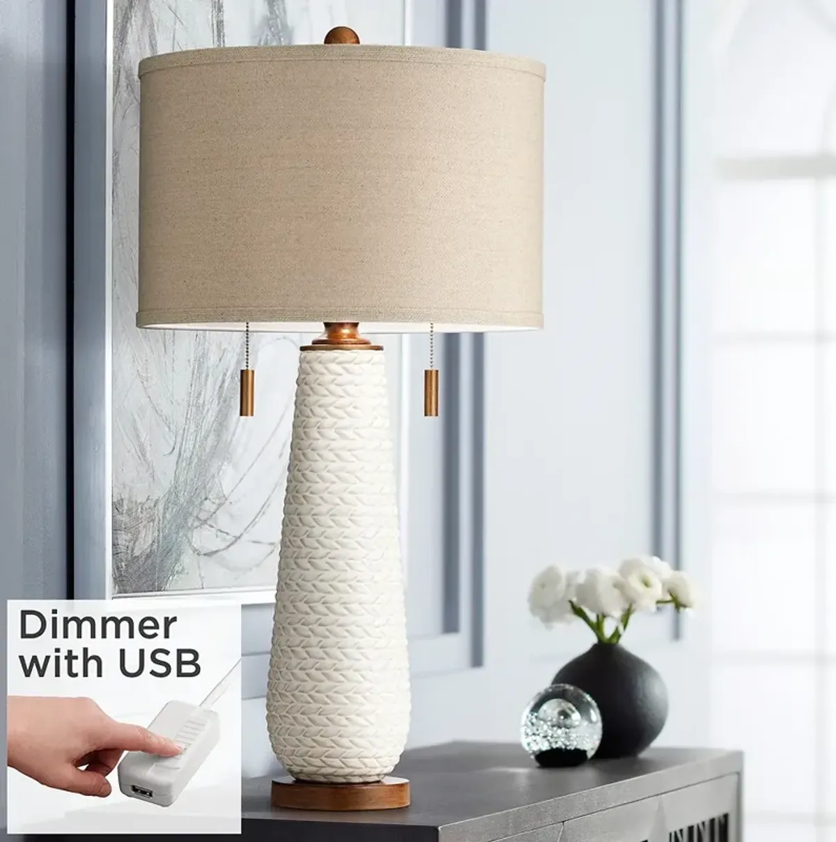 Possini Euro Kingston 32 3/4" White Ceramic Table Lamp With USB Dimmer