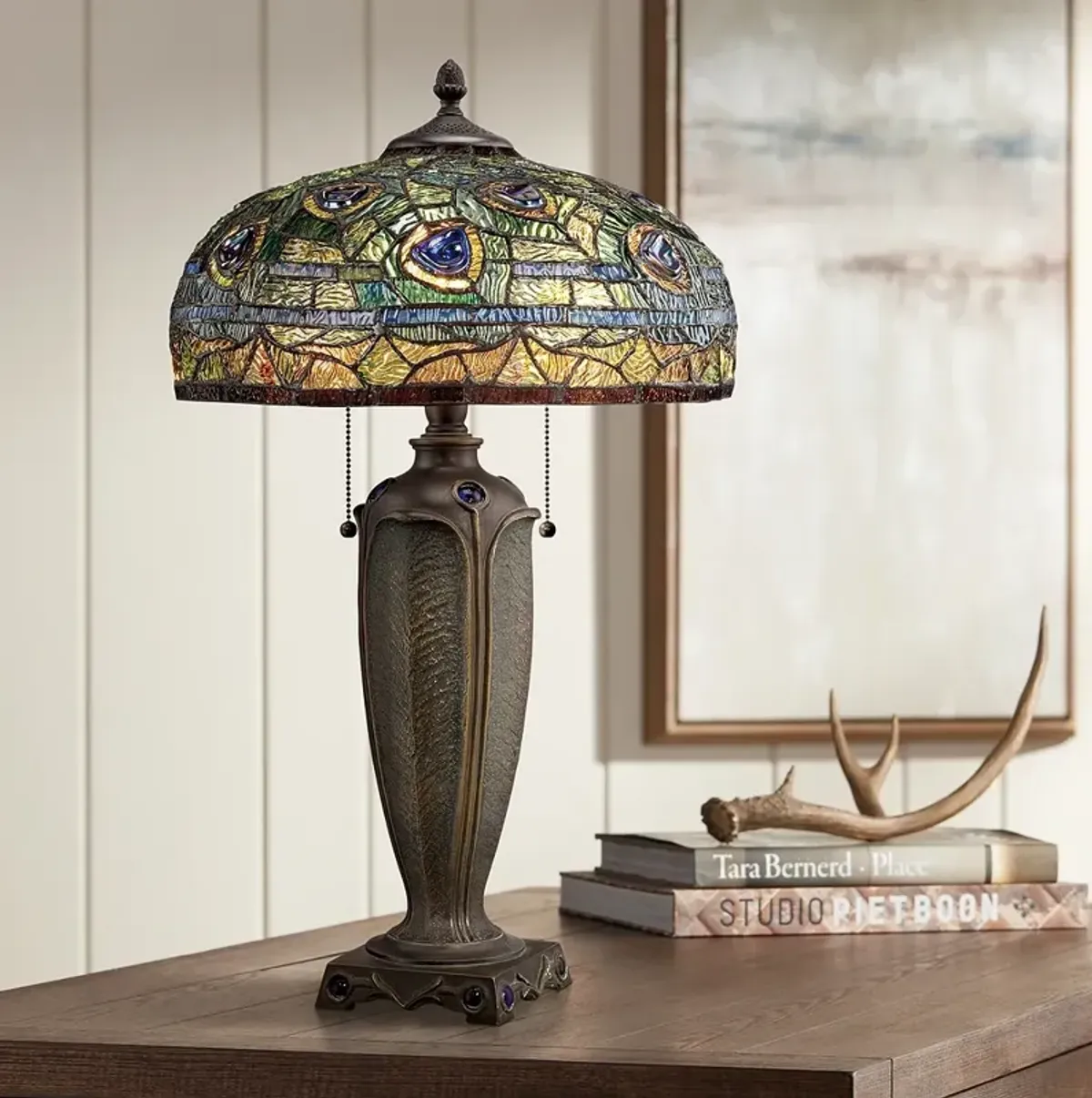 Quoizel Lynch 26" Tiffany-Style Peacock Glass Table Lamp