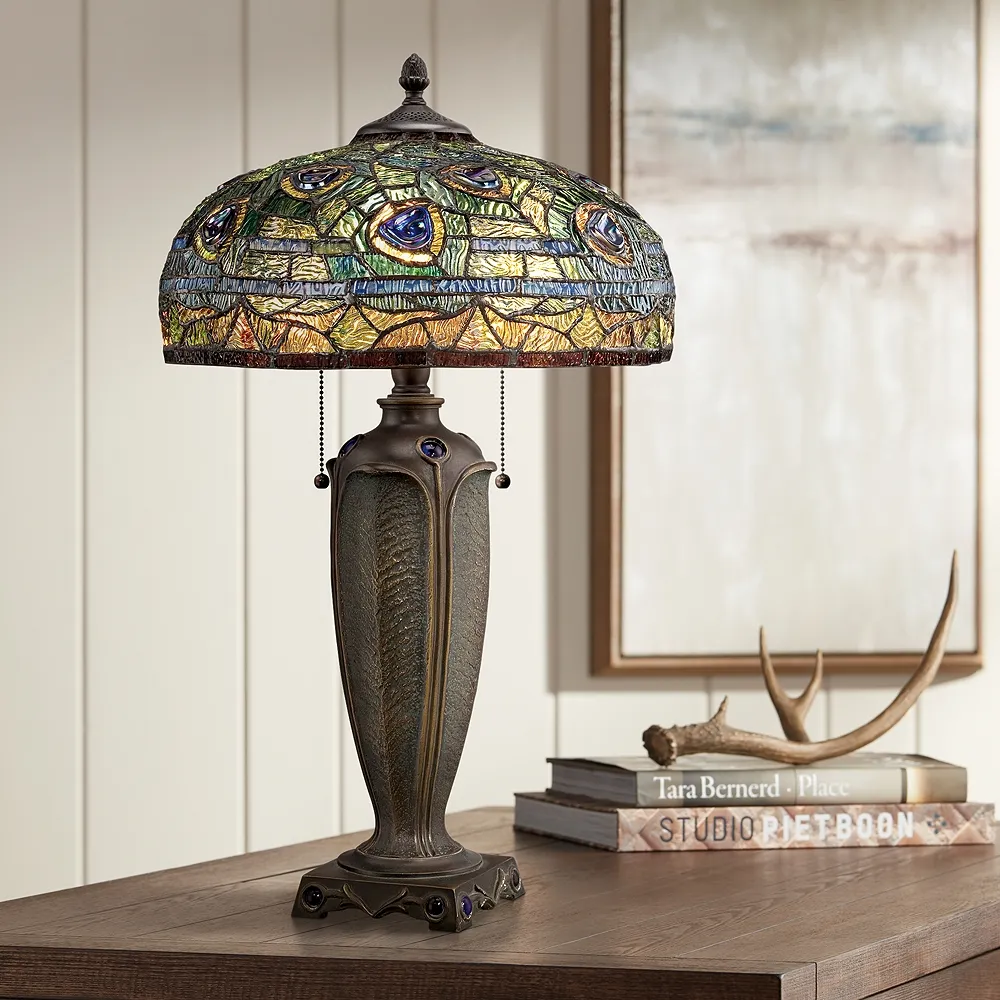 Quoizel Lynch 26" Tiffany-Style Peacock Glass Table Lamp