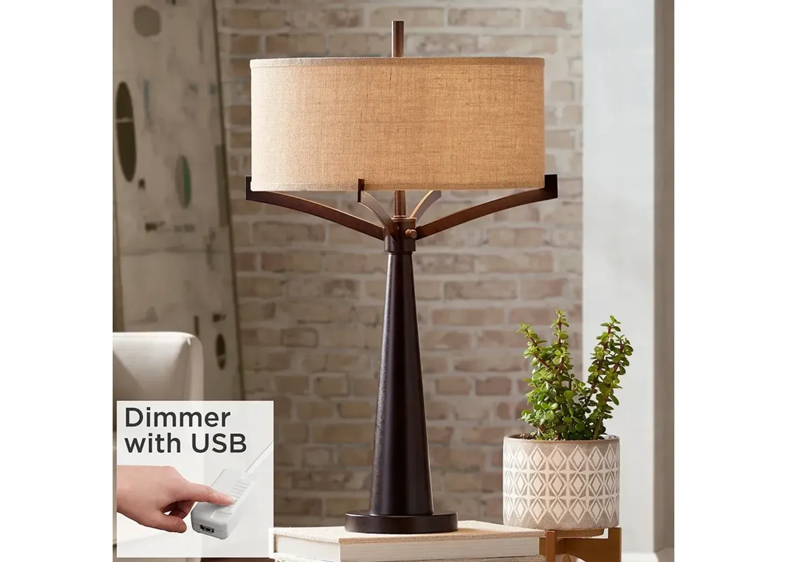 Tremont Industrial Bronze 2-Light Table Lamp With USB Dimmer