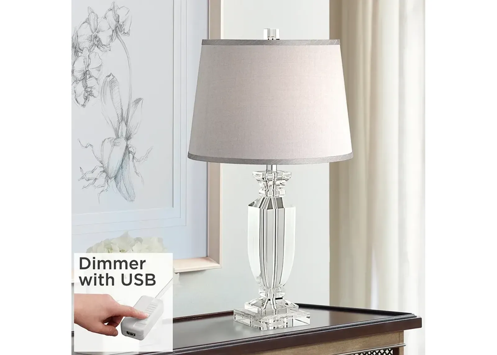 Sherry Crystal Table Lamp with Gray Shade With USB Dimmer