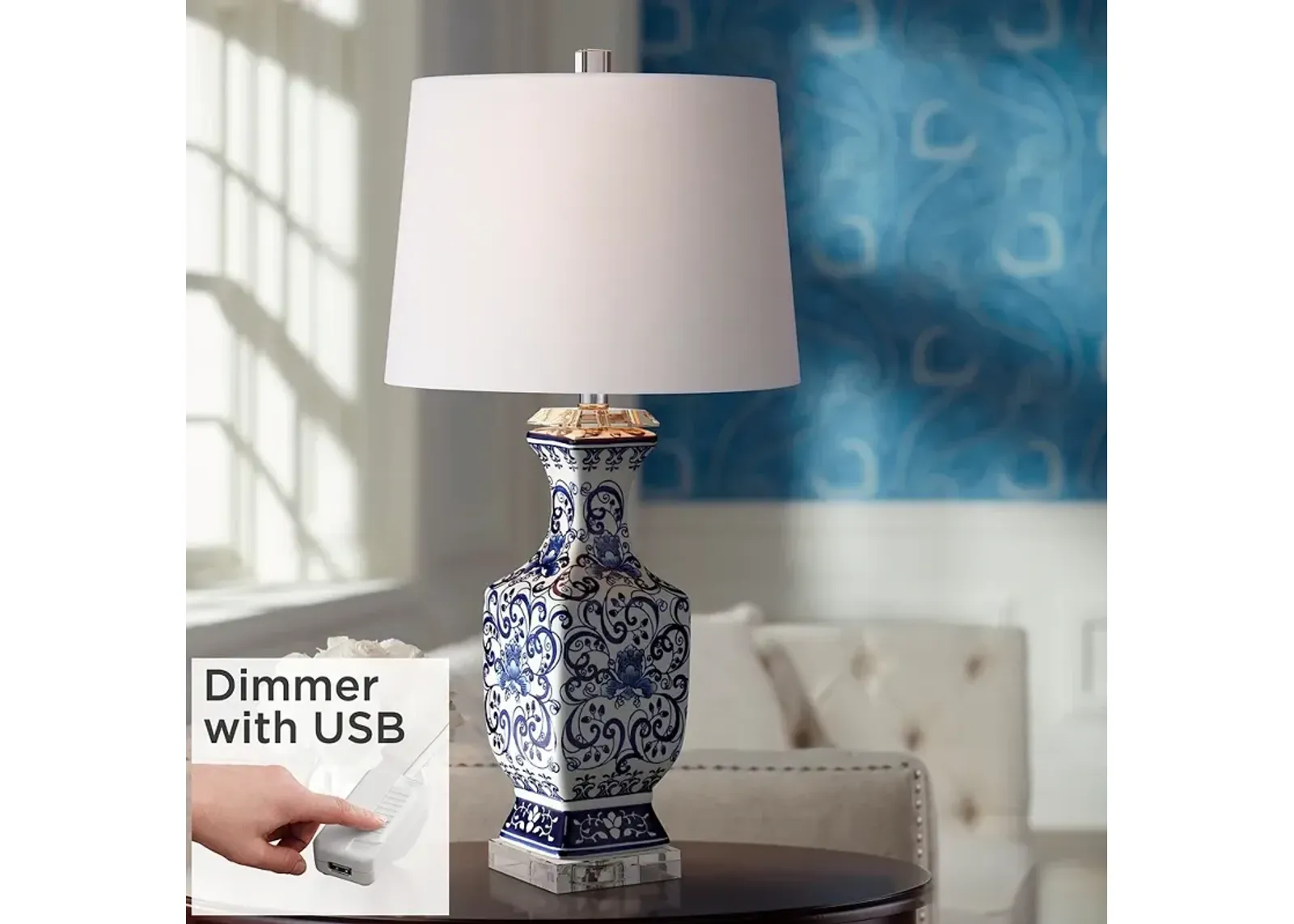 Barnes and Ivy Iris 28" Blue White Porcelain Lamp with USB Dimmer