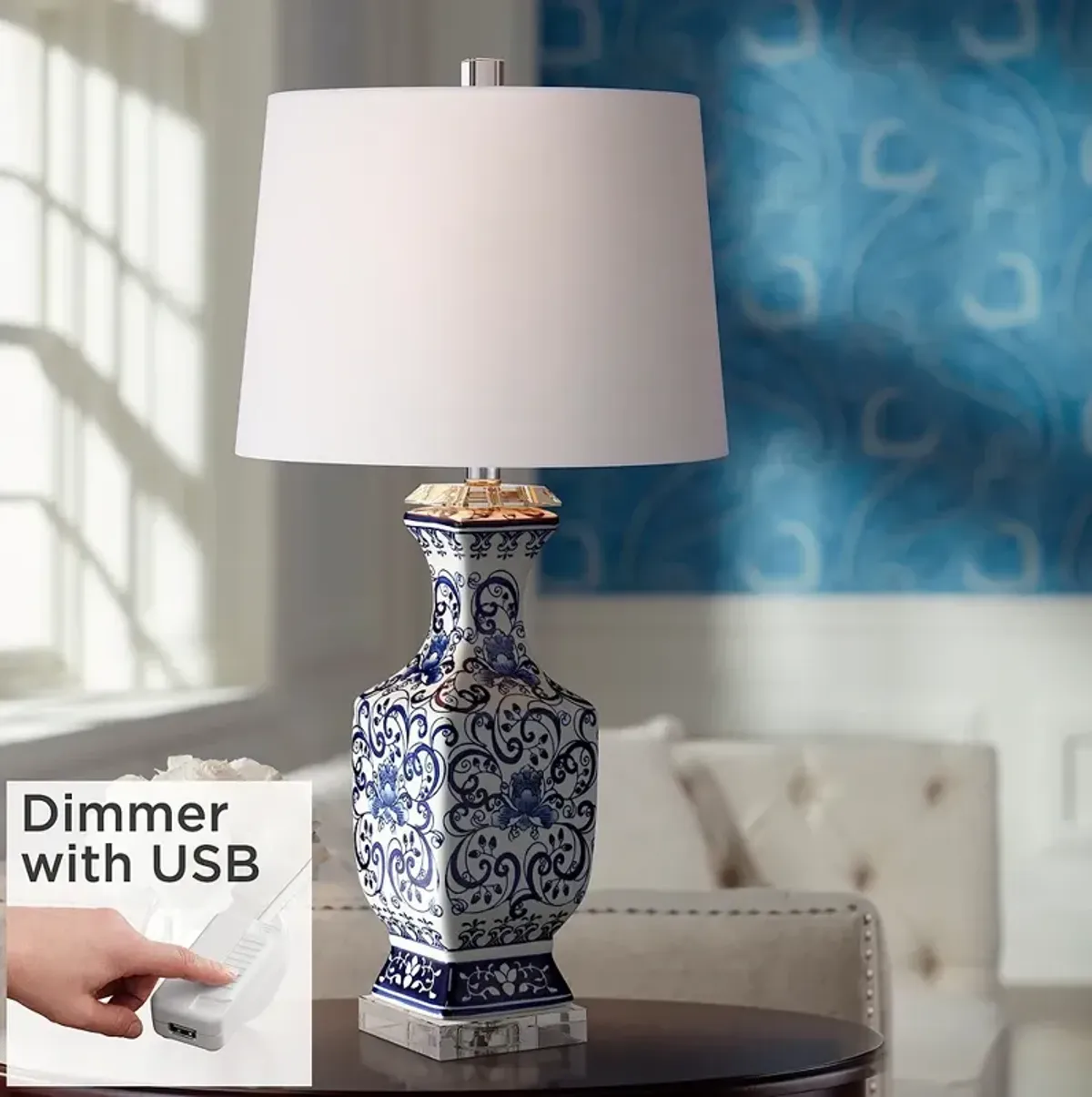 Barnes and Ivy Iris 28" Blue White Porcelain Lamp with USB Dimmer