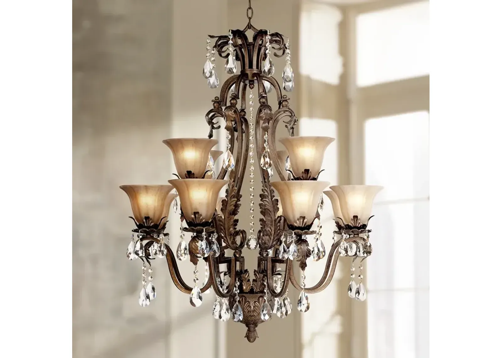 Regency Hill Iron Leaf 34" Wide Bronze and Crystal 12-Light Chandelier