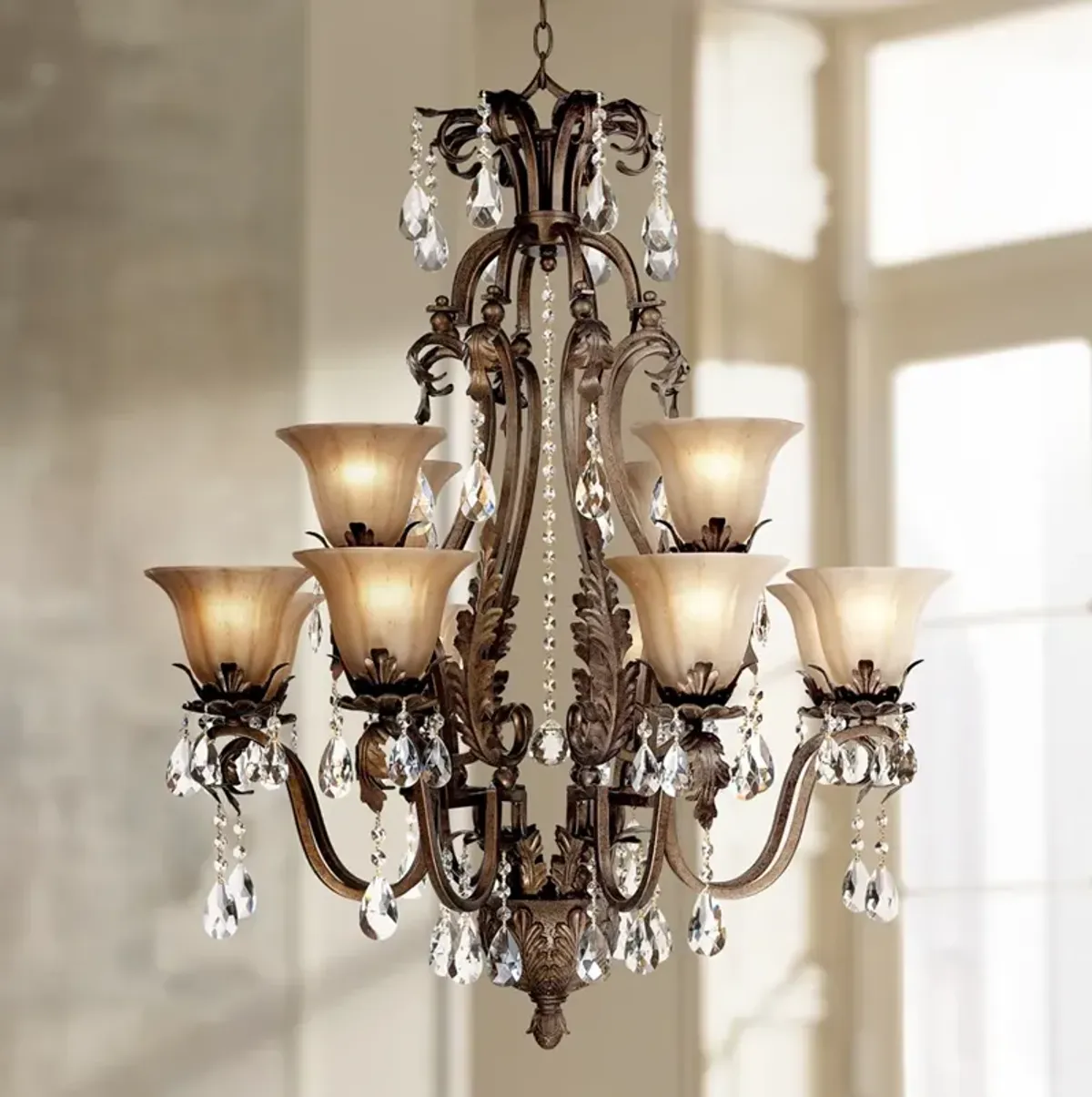 Regency Hill Iron Leaf 34" Wide Bronze and Crystal 12-Light Chandelier