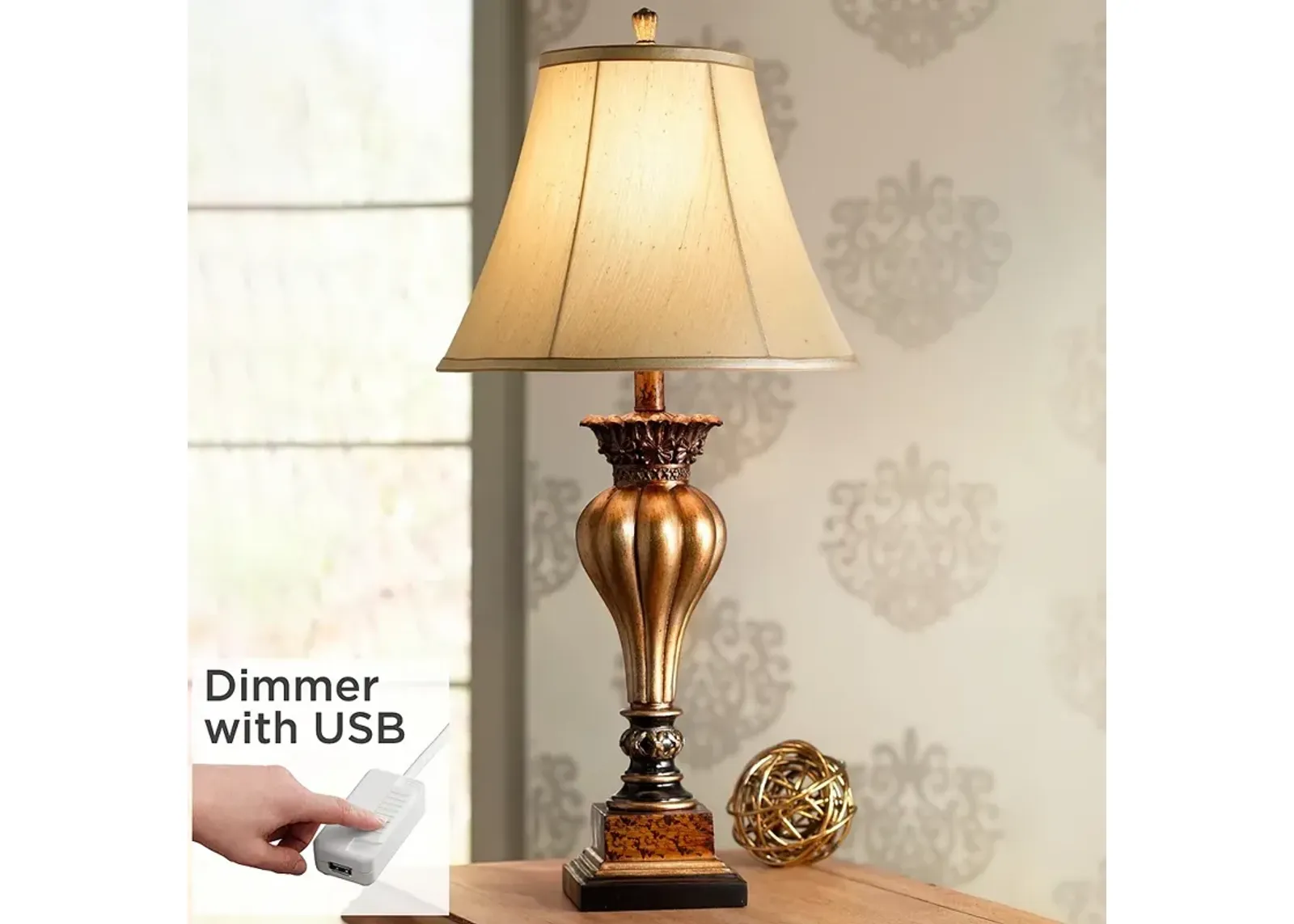 Regency Hill Senardo 30" Traditional Gold Table Lamp with USB Dimmer