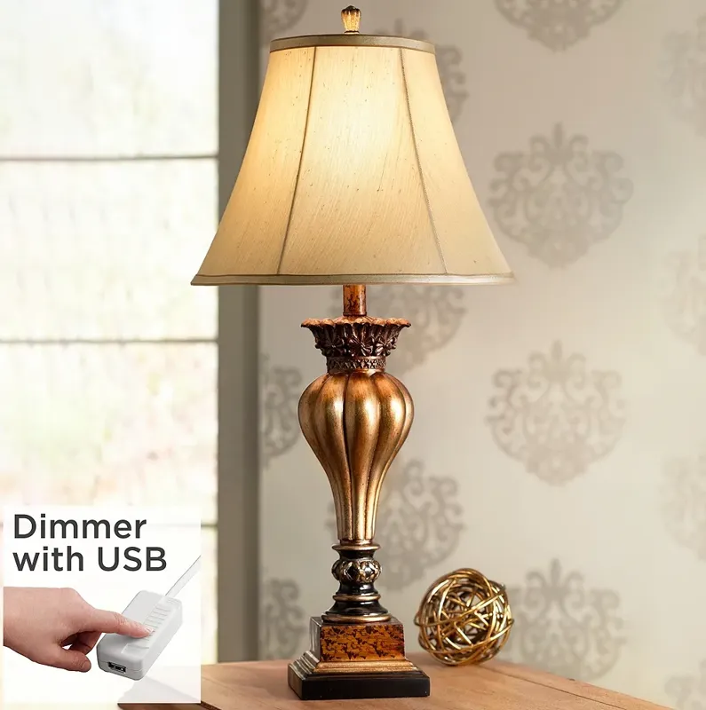 Regency Hill Senardo 30" Traditional Gold Table Lamp with USB Dimmer