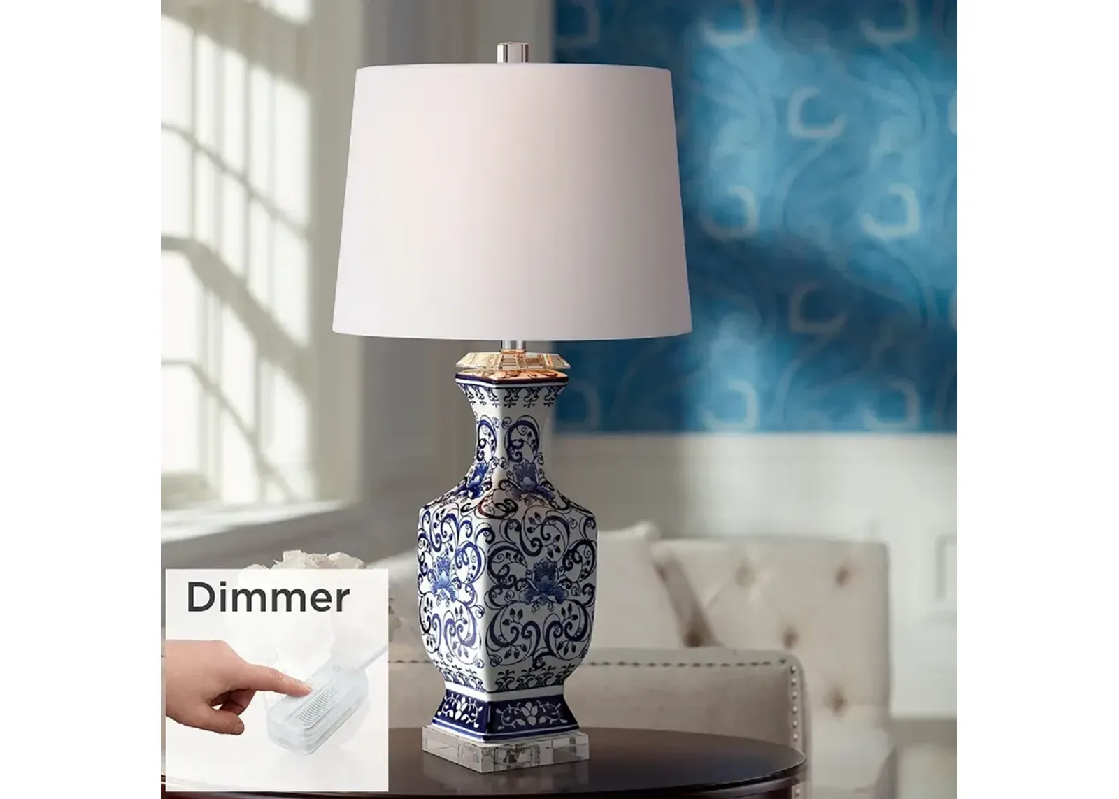 Barnes and Ivy Iris 28" Blue White Porcelain Table Lamp with Dimmer