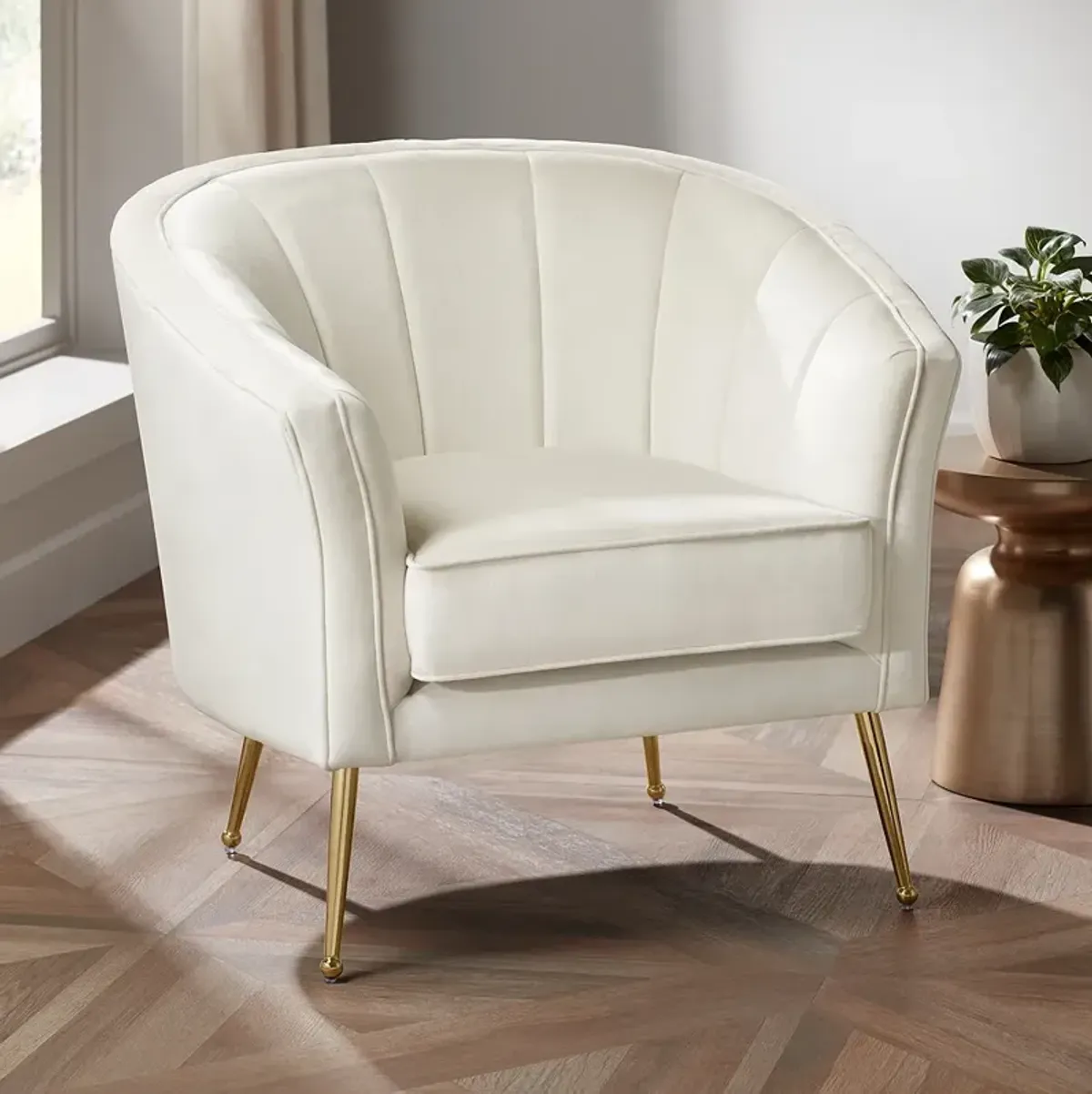 Leighton White Velvet and Gold Tufted Accent Chair