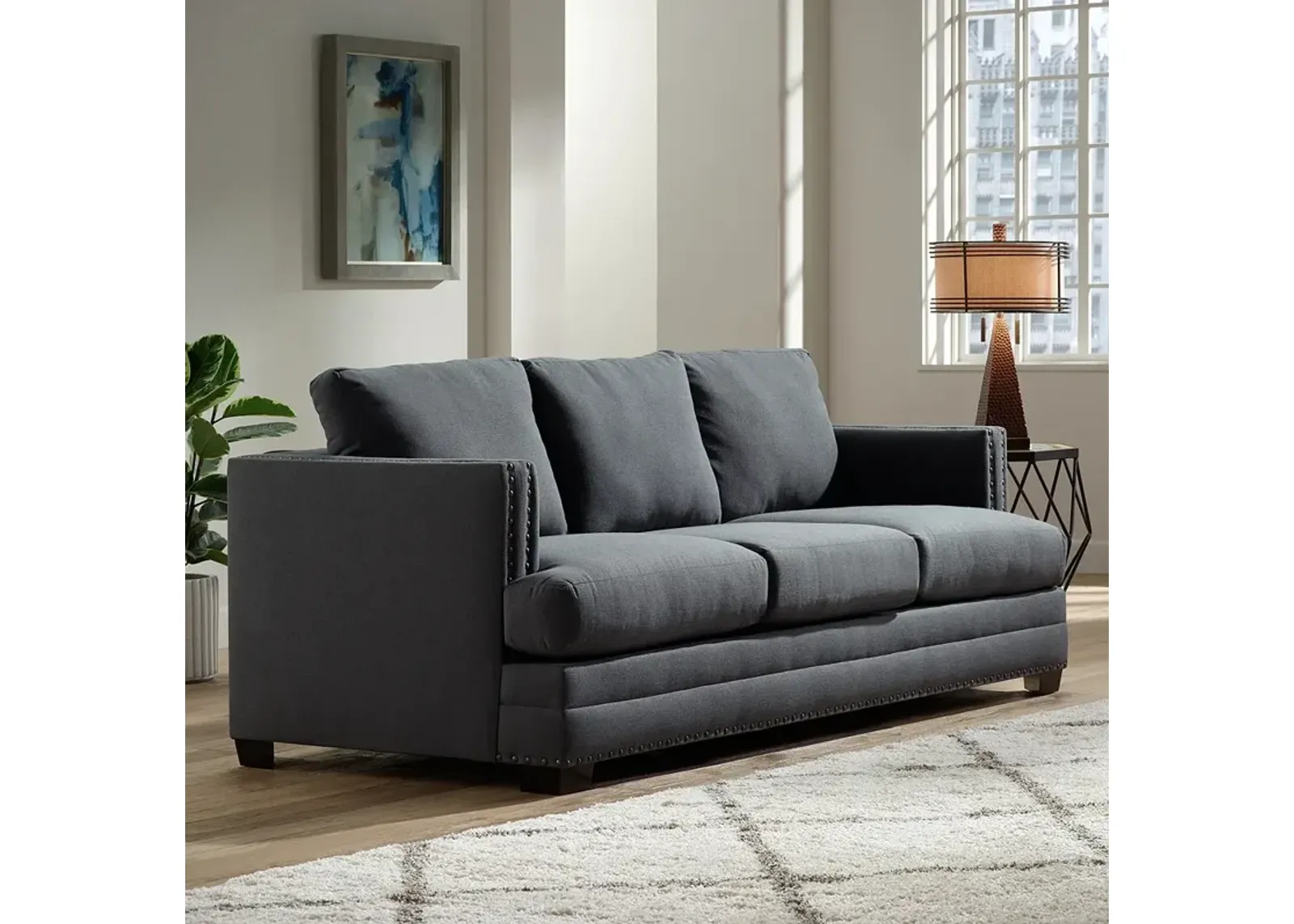 Zara 91" Wide Heritage Charcoal Fabric Three-Seat Sofa