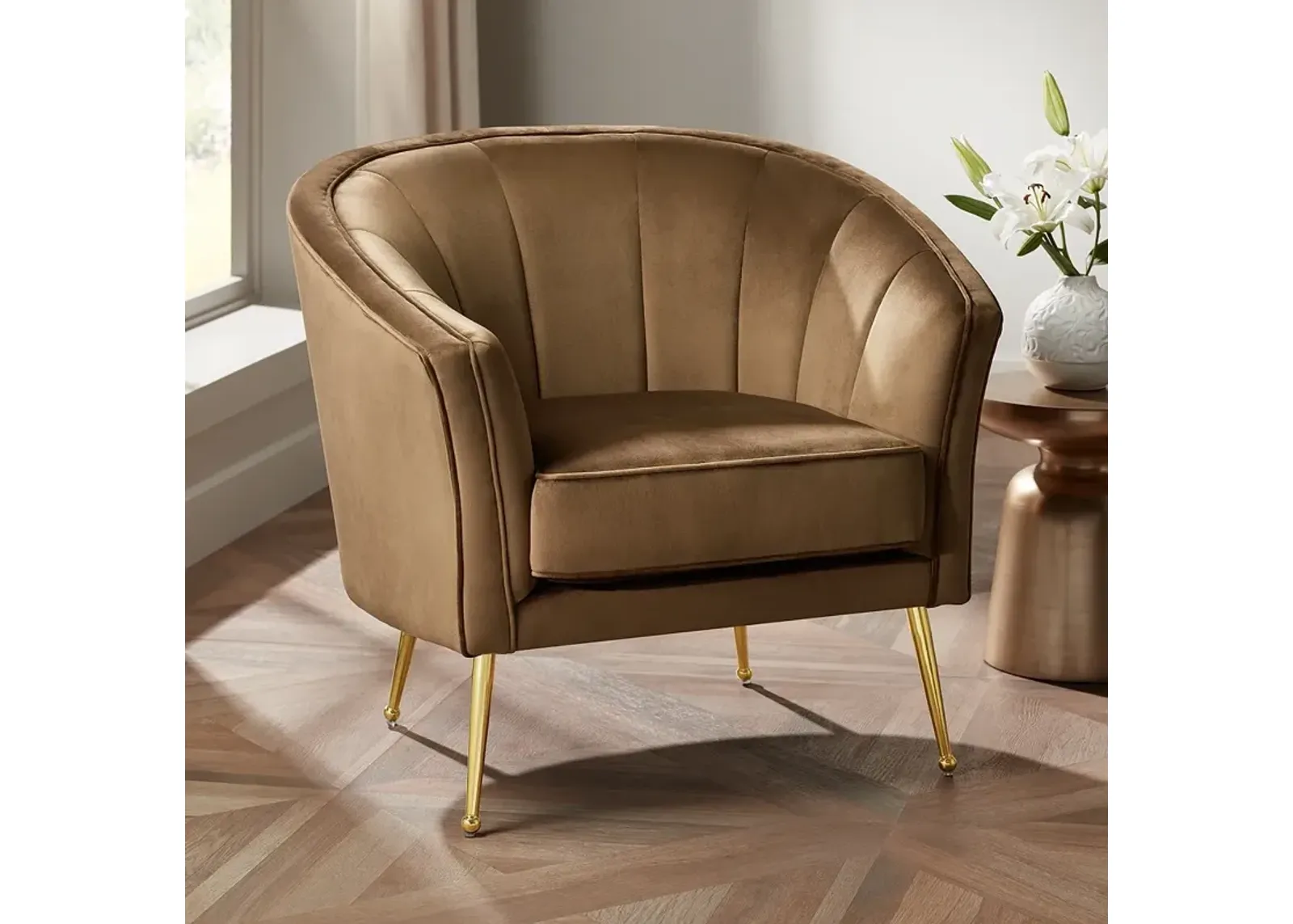 Leighton Brown Velvet and Gold Tufted Accent Chair