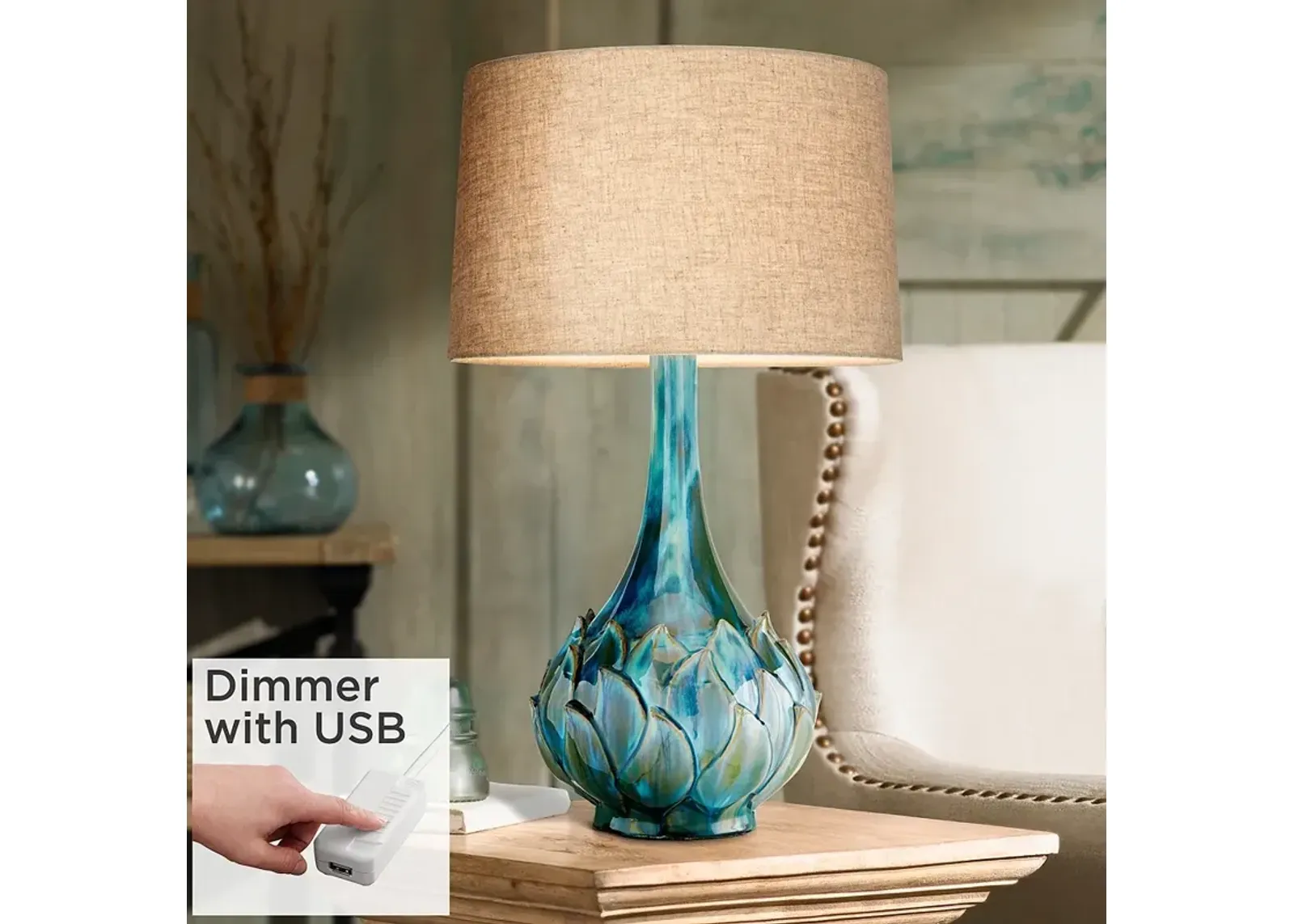 Possini Euro Kenya 29 1/2" Blue-Green Ceramic Lamp with USB Dimmer