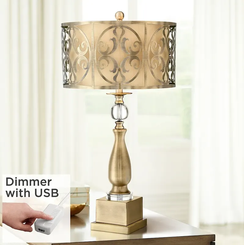 Possini Euro Doris Brass Candlestick Table Lamp with Dimmer with USB Port