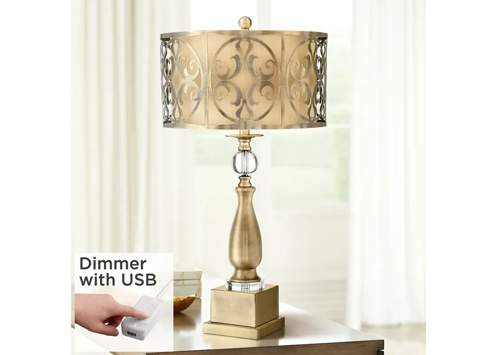 Possini Euro Doris Brass Candlestick Table Lamp with Dimmer with USB Port