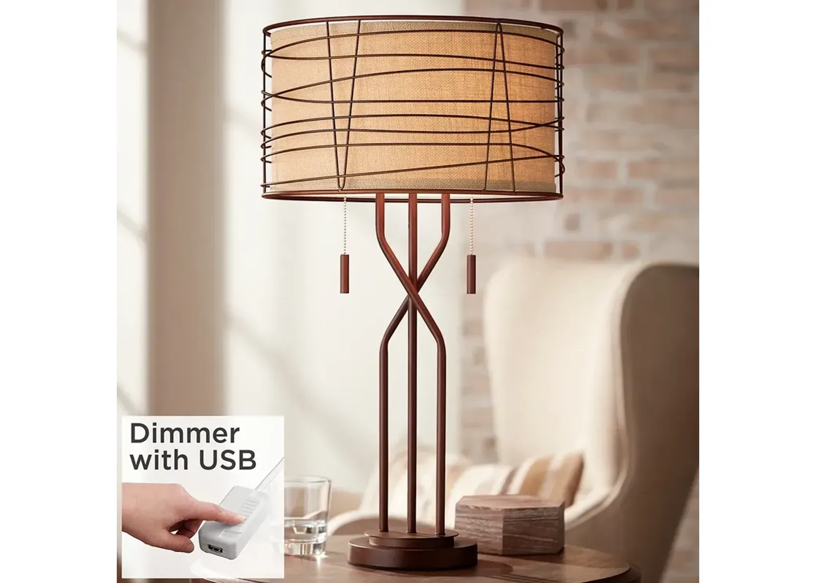 Marlowe Bronze Woven Metal Table Lamp With USB Dimmer