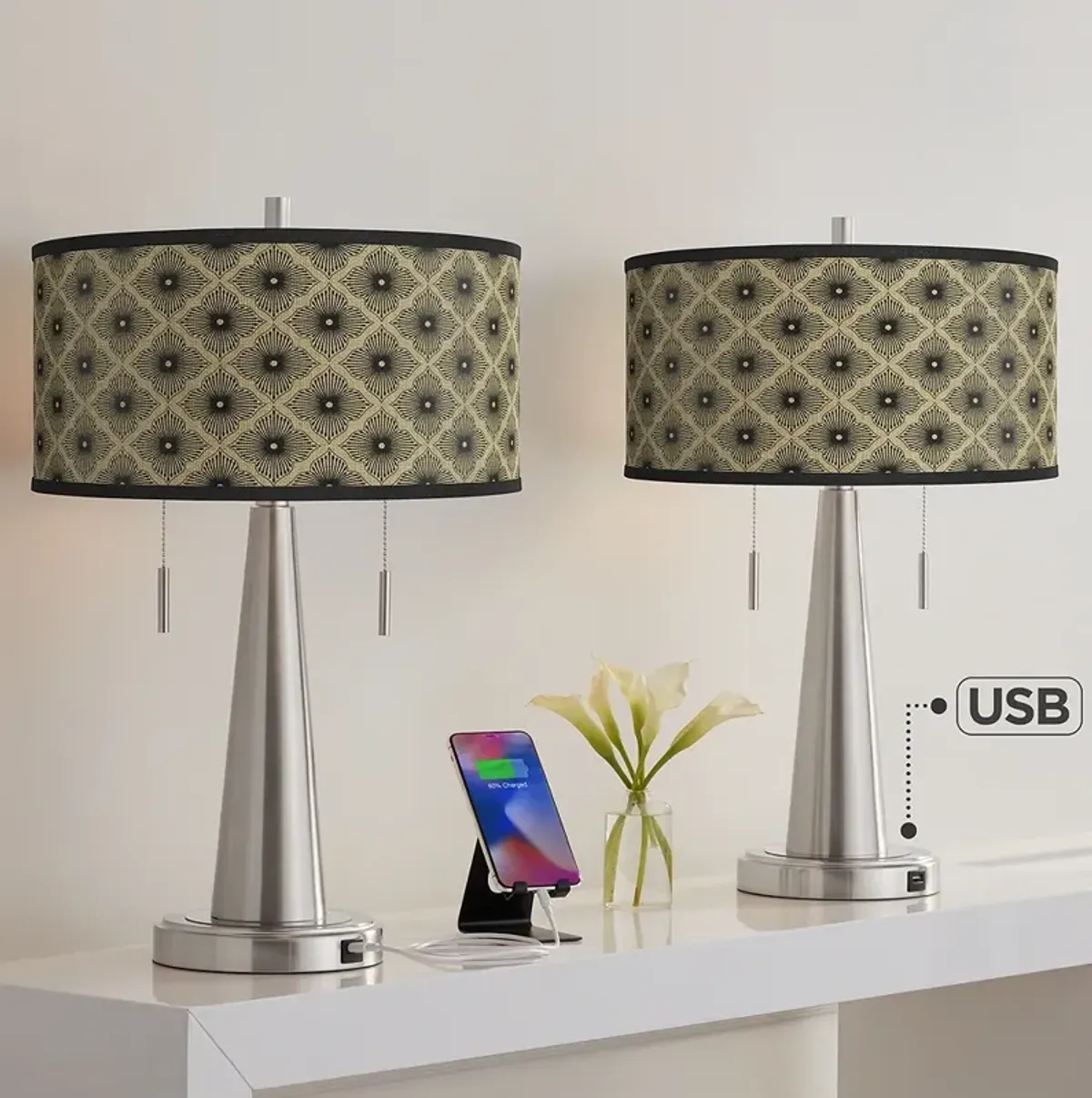 Rustic Flora Vicki Brushed Nickel USB Table Lamps Set of 2