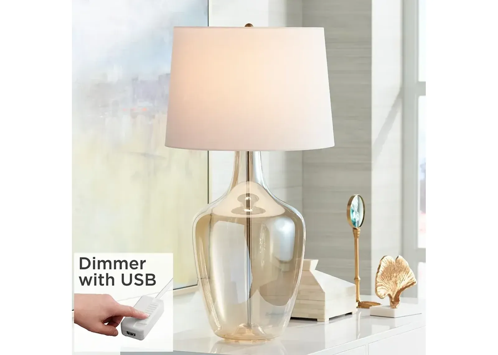 Possini Euro Ania 31" Champagne Glass Jar Table Lamp with USB Dimmer