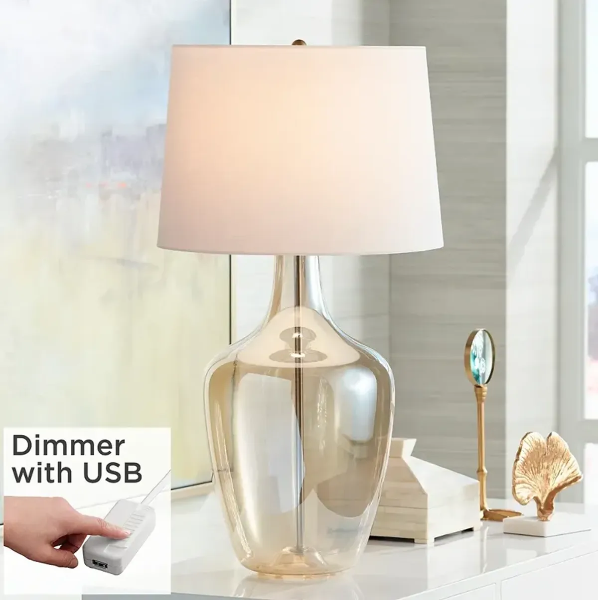 Possini Euro Ania 31" Champagne Glass Jar Table Lamp with USB Dimmer