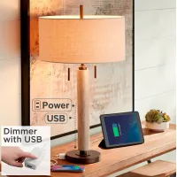 Hugo Whitewashed Wood Column USB Table Lamp With Dimmer