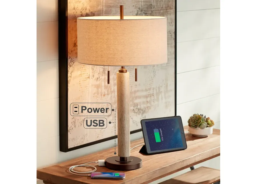 Franklin Iron Works Hugo Rustic Modern Wood Pull Chain USB Table Lamp