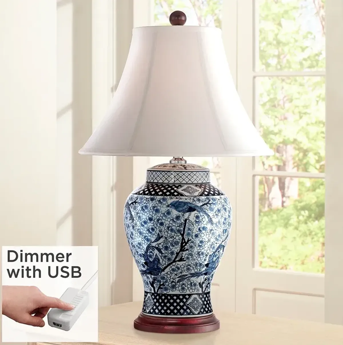 Barnes and Ivy Shonna 27" Blue White Porcelain Lamp with USB Dimmer