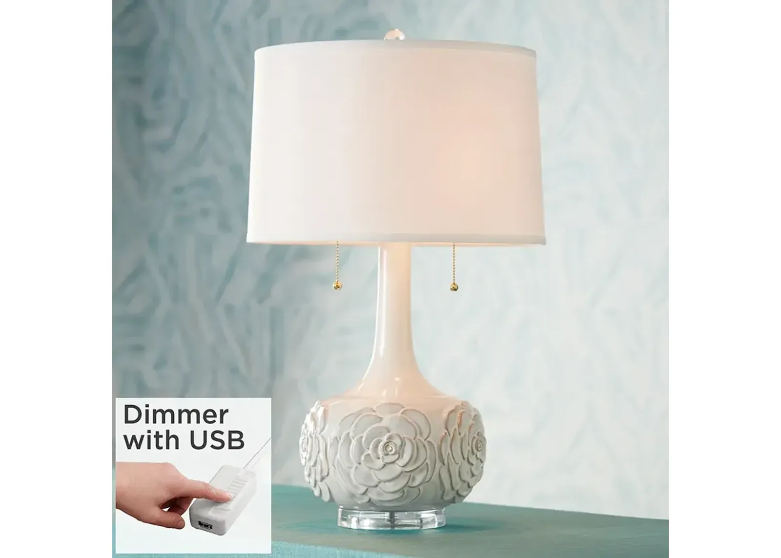 Possini Euro Natalia 27" White Floral Table Lamp with USB Dimmer