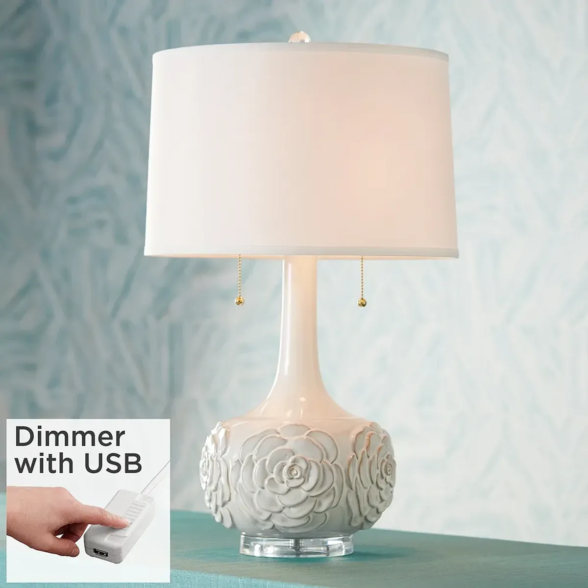 Possini Euro Natalia 27" White Floral Table Lamp with USB Dimmer