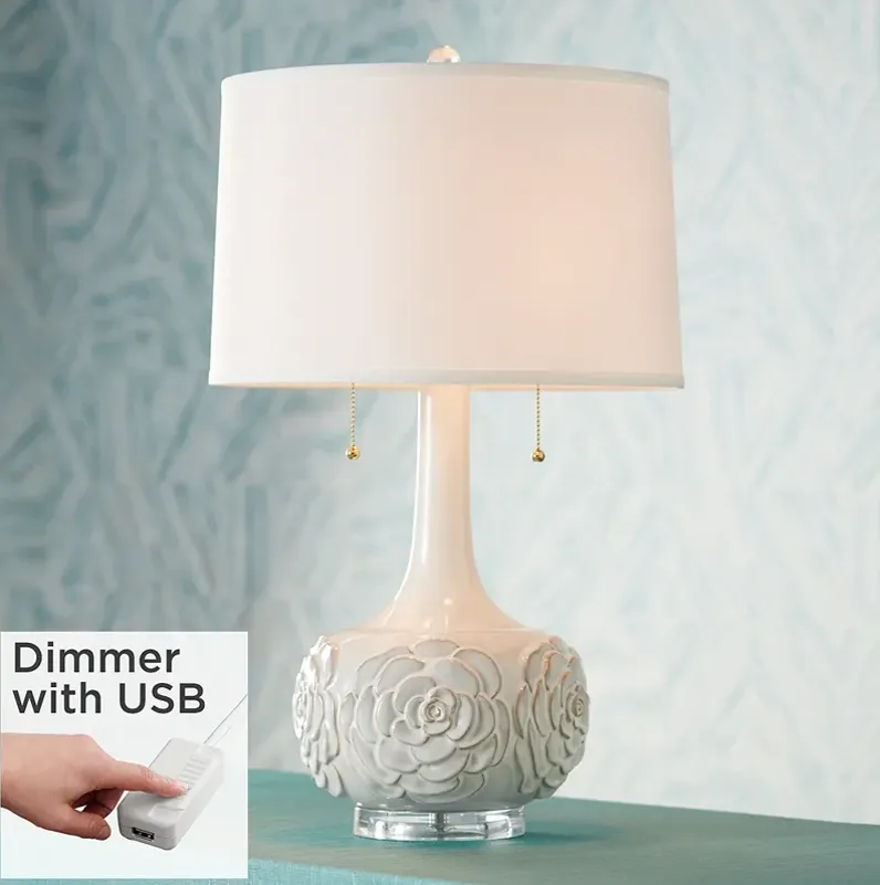 Possini Euro Natalia White Floral Table Lamp with Dimmer with USB Port