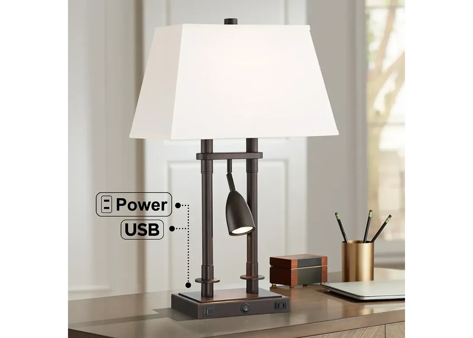 Possini Euro Bishop 26 1/2" Bronze Desk Lamp with USB and Outlet