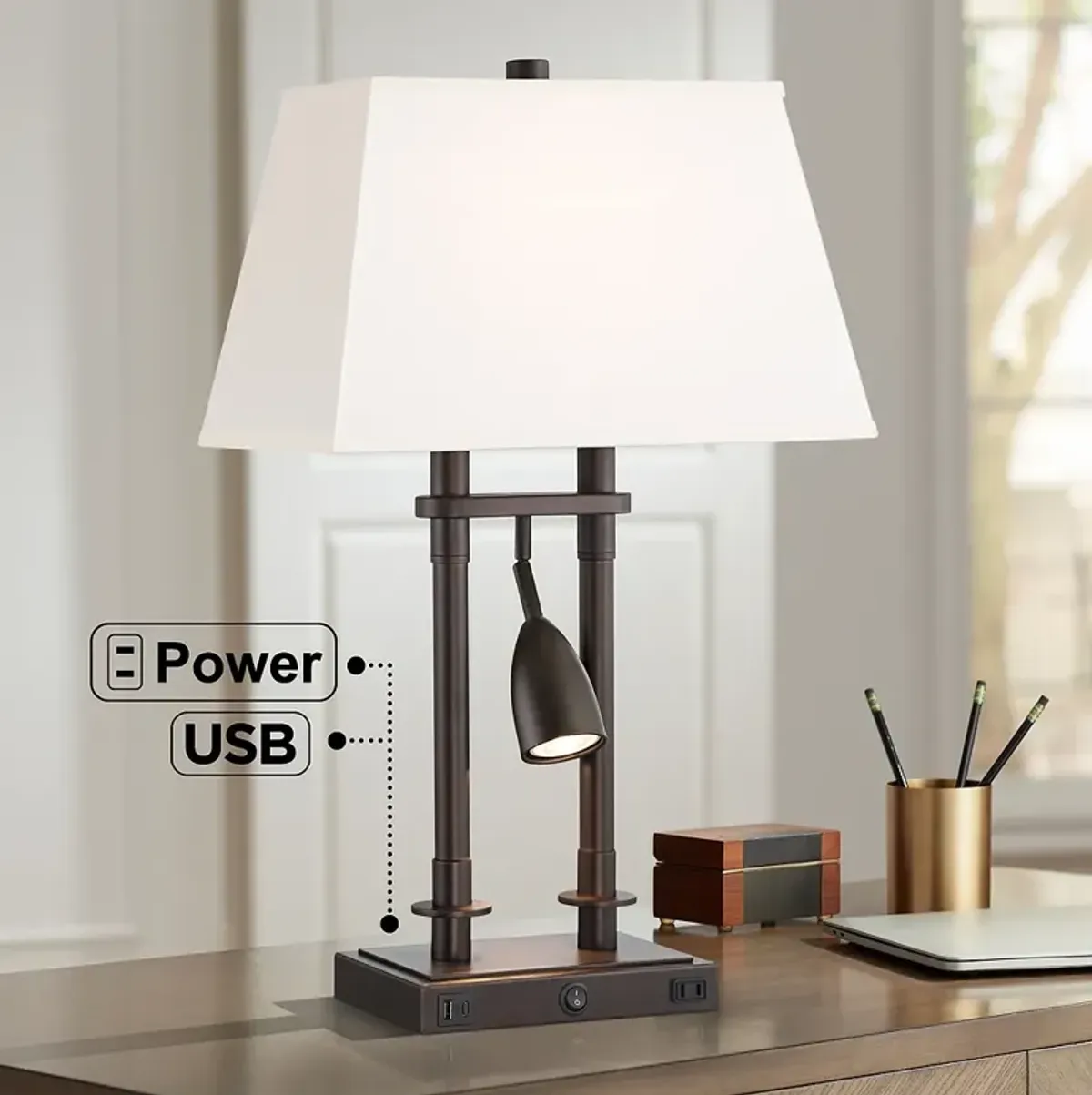 Possini Euro Bishop 26 1/2" Bronze Desk Lamp with USB and Outlet