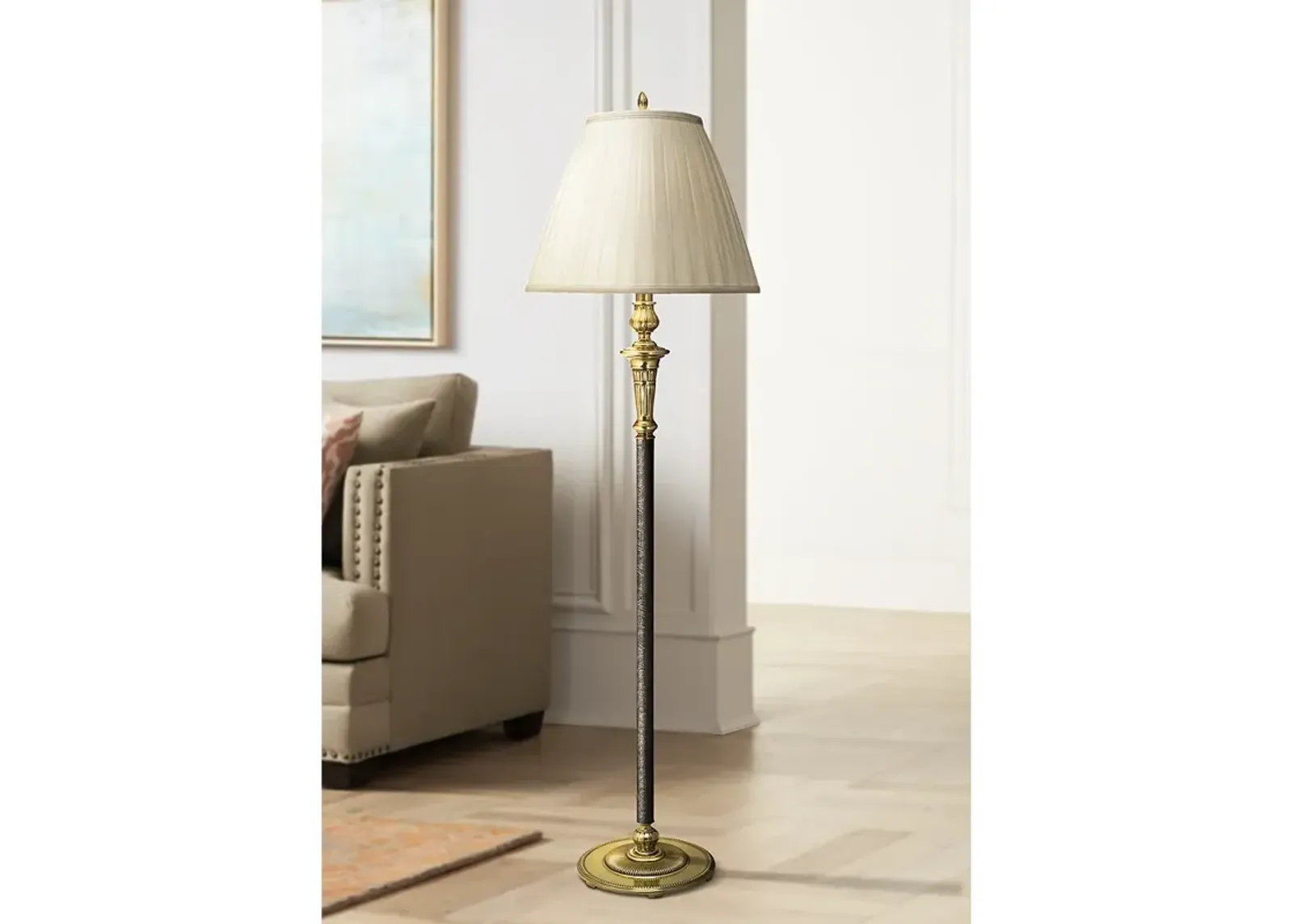 Stiffel Camille 61" Burnished Brass and Faux Black Leather Floor Lamp